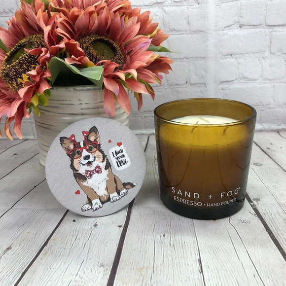 NWT sand + fog espresso 21oz candle corgi DOG MOM home decor - Picture 1 of 4